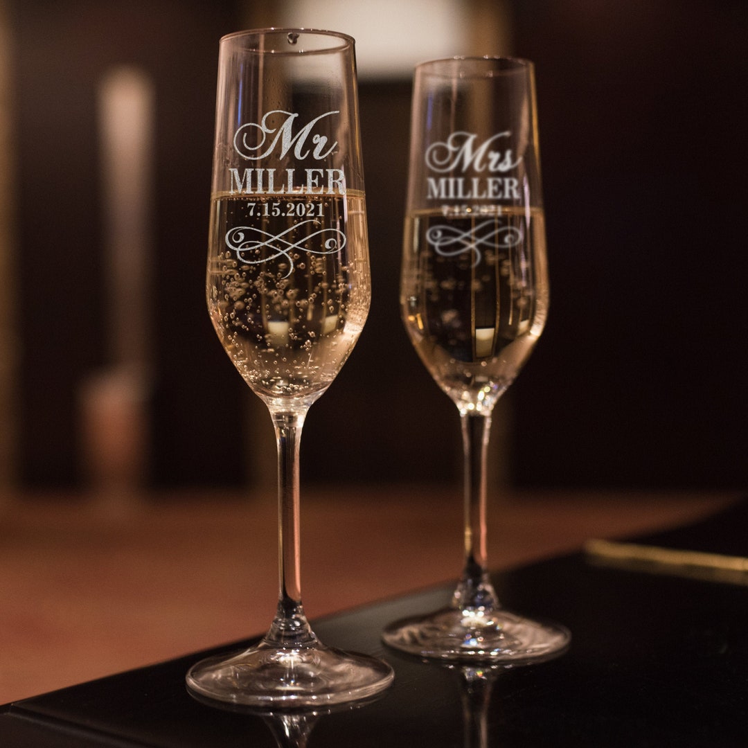 Personalized Bride and Groom Champagne Flutes - Custom Wedding Toasting Glasses