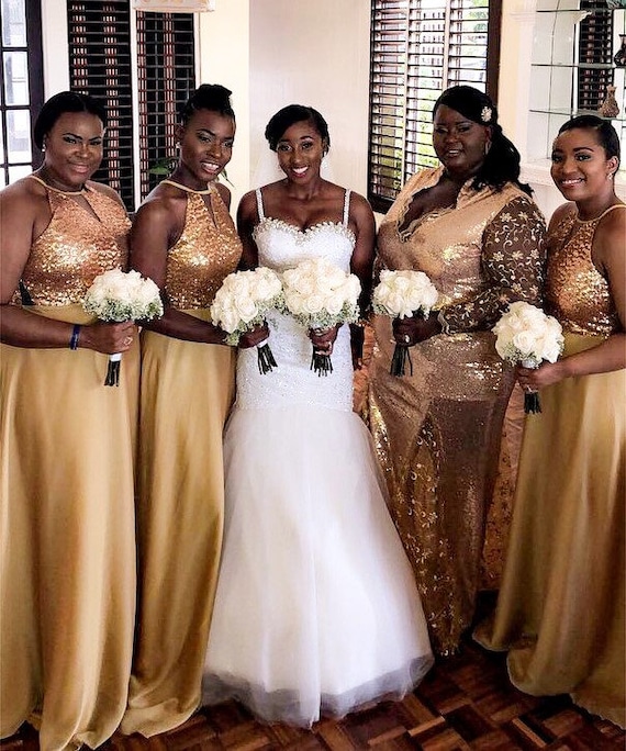 Elegant Gold Bridesmaid Dresses: Satin & Sequin Styles Available